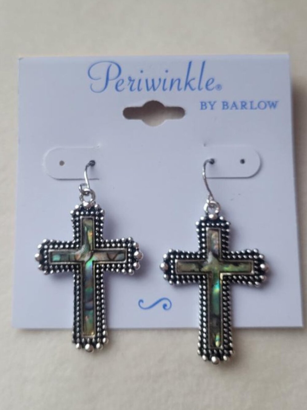 NWT Periwinkle by Barlow Abalone Shell Cross Dangle Earrings Silver Tone